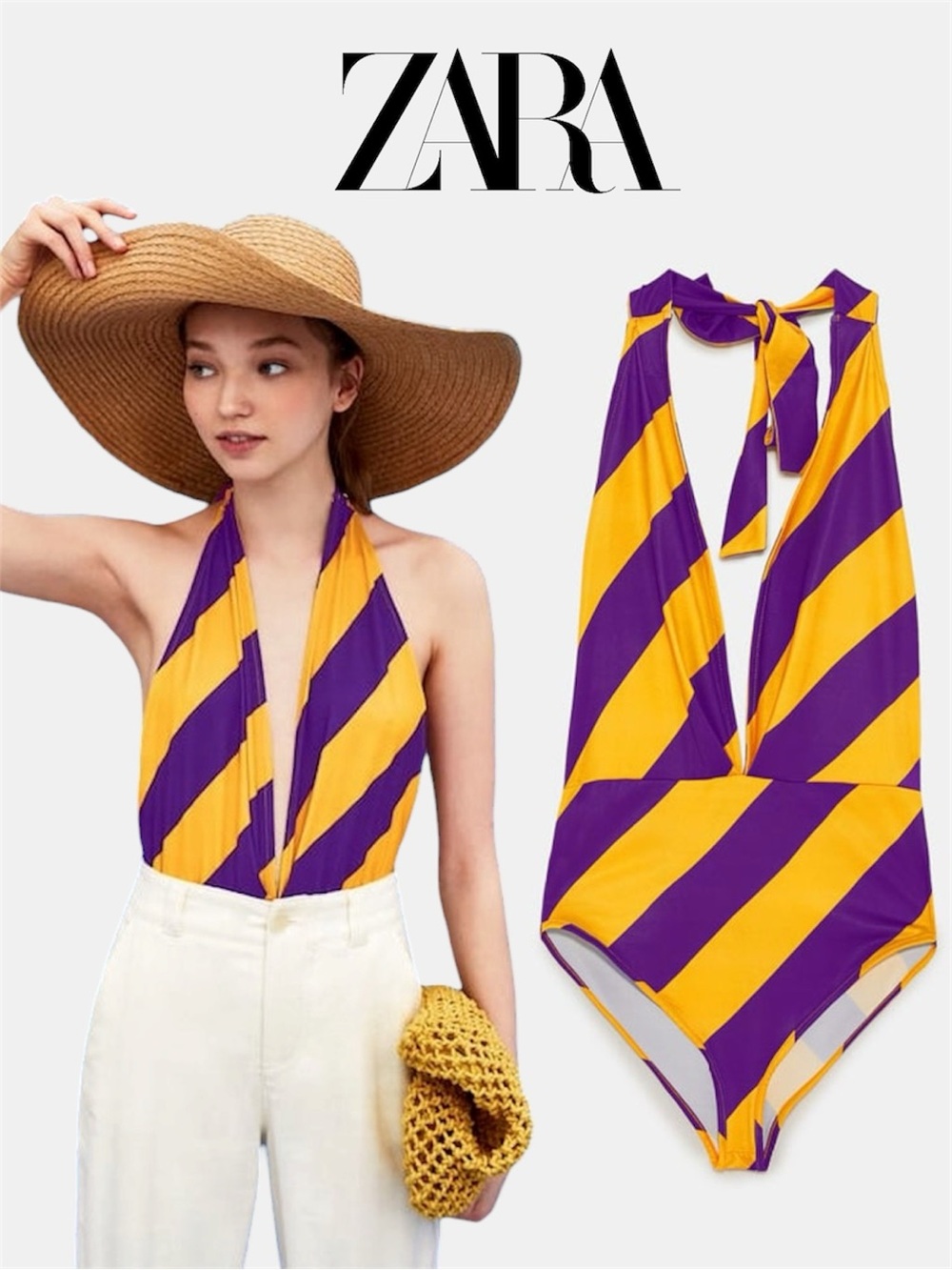 Zara Deep-V Purple & Yellow Stripped Halter Neck Bodysuit